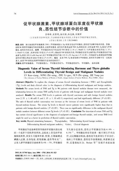 促甲状腺激素、甲状腺球蛋白浓度在甲状腺良、恶性结节诊断中的价值