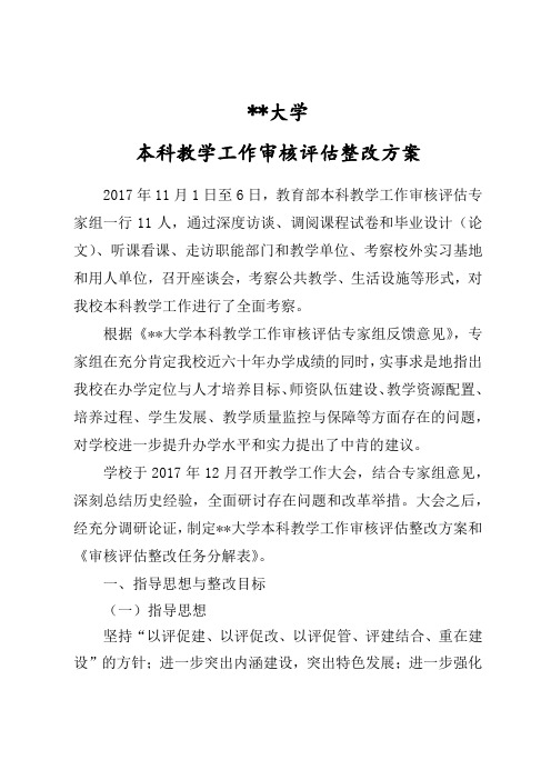 某大学本科教学工作审核评估整改方案