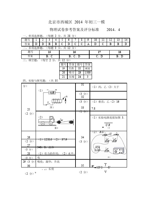 北京市西城区 2014 年初三一模物理答案