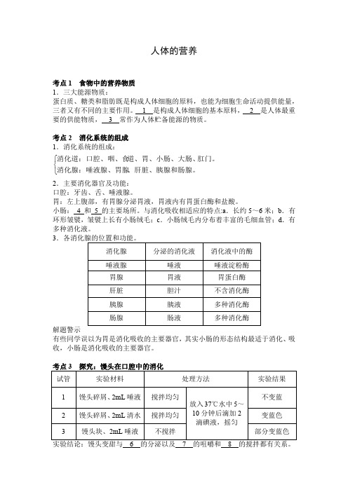 人体的营养复习提纲