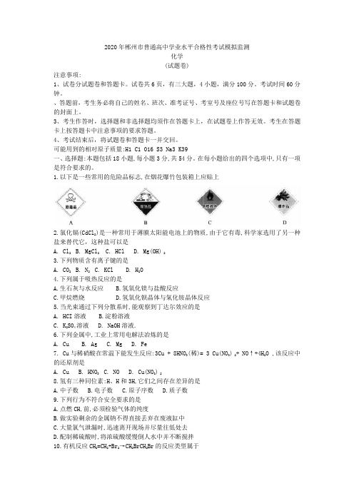 湖南省郴州市2019-2020学年高二学业水平考试模拟监测化学试题