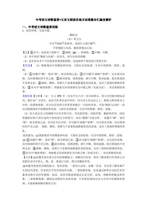 中考语文诗歌鉴赏+文言文阅读各地方试卷集合汇编含解析