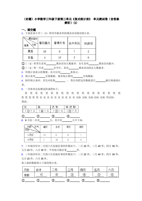 (好题)小学数学三年级下册第三单元《复式统计表》 单元测试卷(含答案解析)(1)