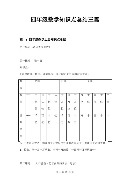 四年级数学知识点总结三篇