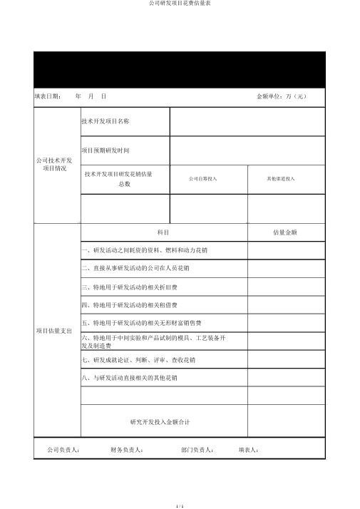 企业研发项目费用预算表