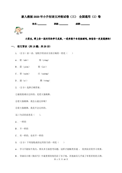 新人教版2020年小升初语文冲刺试卷(三) 全国通用(I)卷