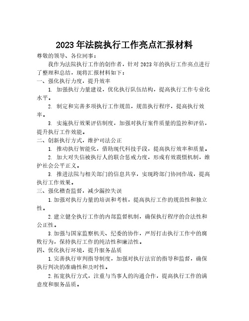 2023年法院执行工作亮点汇报材料