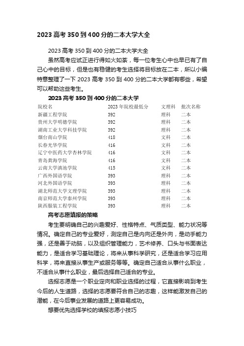 2023高考350到400分的二本大学大全