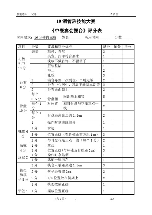 中餐宴会摆台操作评分表