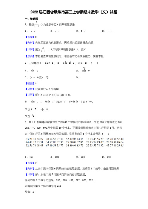 2022届江西省赣州市高三上学期期末数学(文)试题(解析)