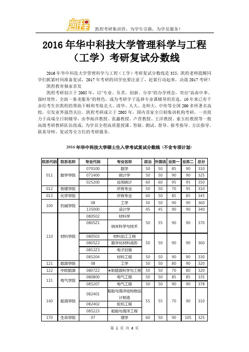 2016年华中科技大学管理科学与工程(工学)考研复试分数线