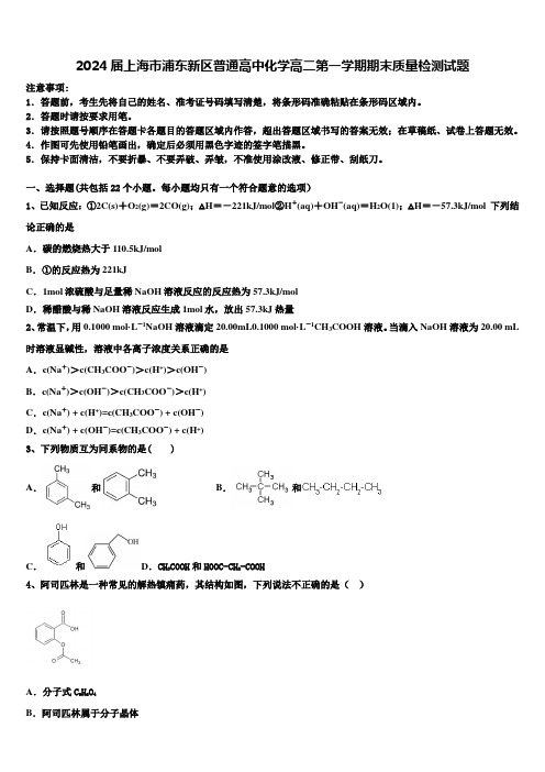 2024届上海市浦东新区普通高中化学高二第一学期期末质量检测试题含解析