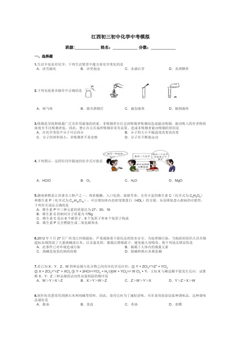 江西初三初中化学中考模拟带答案解析
