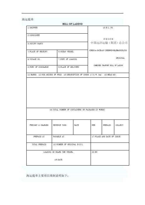 英文海运提单样本及中文解释