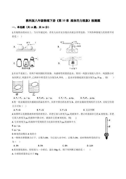 2020年教科版物理初二下册《第10章 流体的力现象》检测题(有答案)