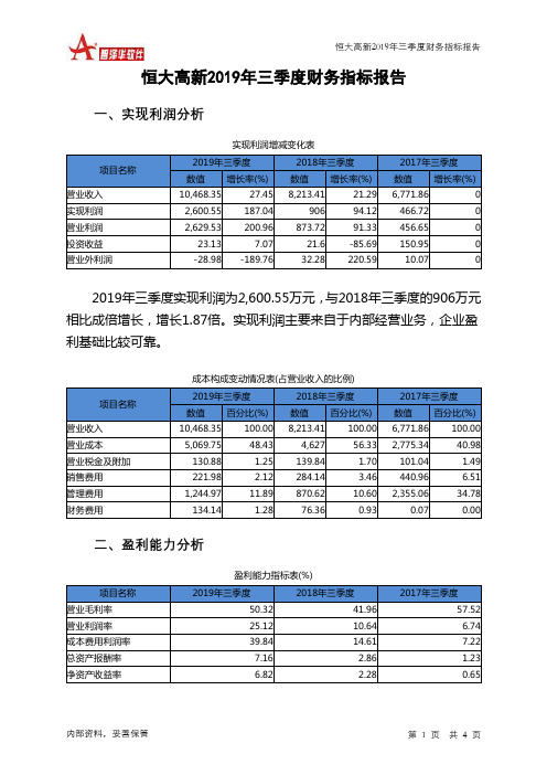 恒大高新2019年三季度财务指标报告