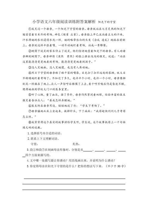 小学语文六年级阅读训练附答案解析 阳光下的守望