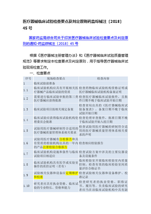 医疗器械临床试验检查要点及判定原则药监综械注〔2018〕45号