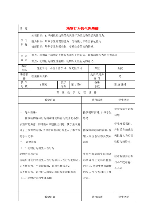 八年级生物上册18.2动物行为的生理基础(第1课时)教案(新版)苏教版