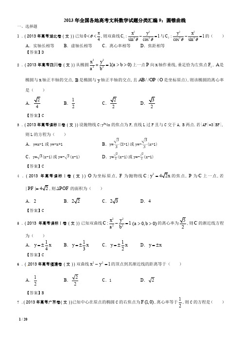 2013年全国各地高考文科数学试题分类汇编11：圆锥曲线