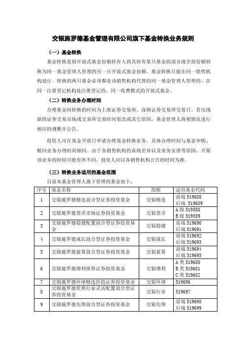 交银施罗德：旗下基金转换业务规则