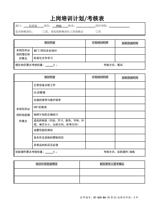 IPQC 上岗培训计划 考核表