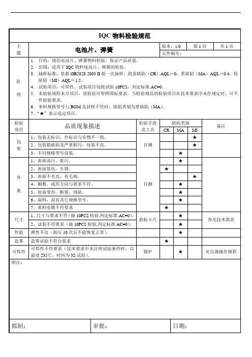 电池片、弹簧-来料检验规范