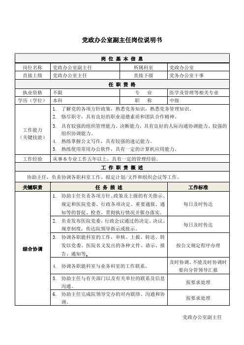 2党政办公室副主任岗位说明书