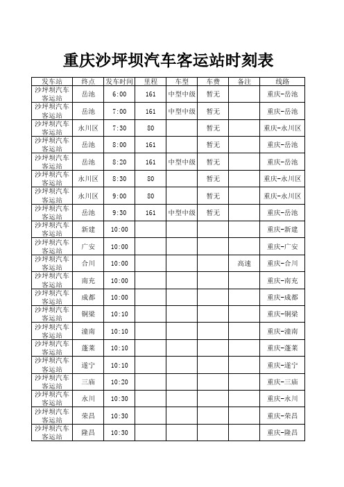 重庆沙坪坝汽车客运站时刻表