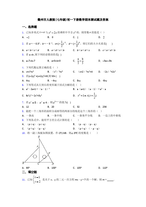 衢州市人教版(七年级)初一下册数学期末测试题及答案