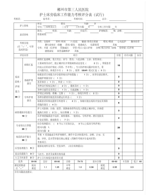 护士临床工作能力考核评分表