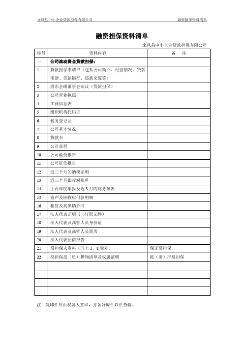 融资担保资料清单