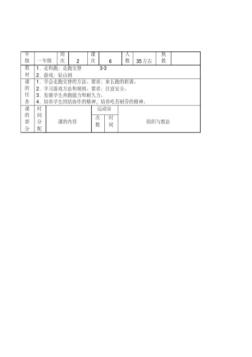 小学体育与健身一年级下《走和跑：走跑交替游戏：钻山洞》表格式教案