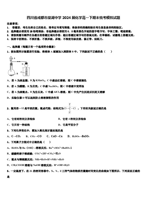 四川省成都市棠湖中学2024届化学高一下期末统考模拟试题含解析