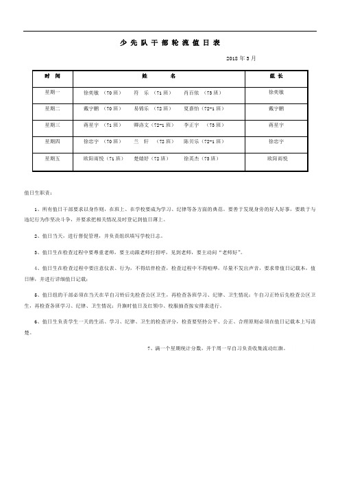 少先队干部轮流值日表