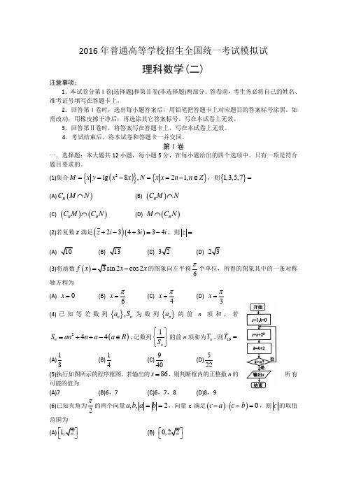 2016届高考模拟押题(金卷二)数学(理)试卷