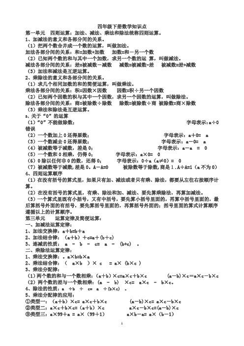 人教版四年级下册数学知识点总结