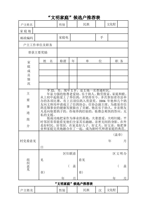 “文明家庭”候选户表