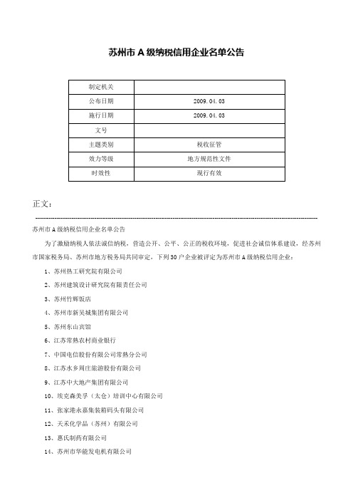 苏州市A级纳税信用企业名单公告-