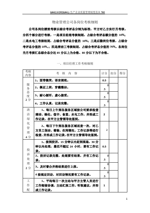 物业管理公司各岗位绩效考核细则