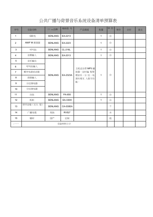 公共广播与背景音乐系统设备清单预算表