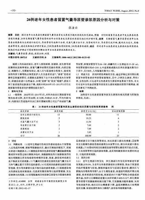 26例老年女性患者留置气囊导尿管渗尿原因分析与对策