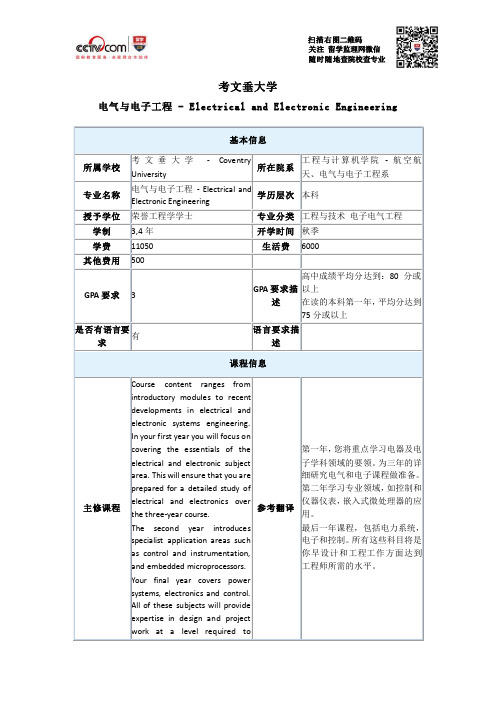 考文垂大学电气与电子工程本科申请条件