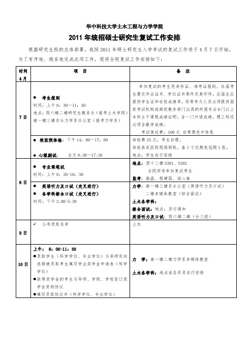 2011考研华中科技大学土木学院复试安排