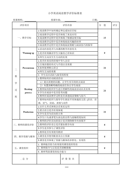 英语阅读教学评价标准表