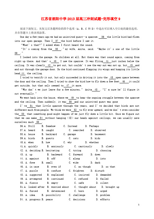 江苏省泗阳中学高三英语 冲刺试题完形填空9