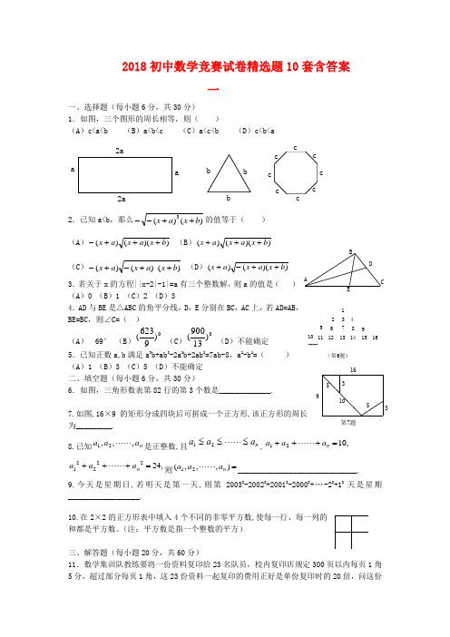 2018初中数学竞赛试卷精选题10套含答案(华师大版)