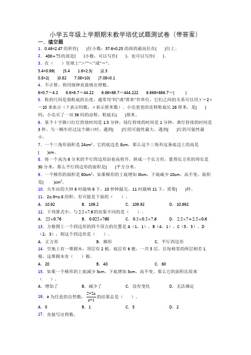 小学五年级上学期期末数学培优试题测试卷(带答案)