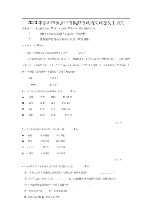 2020年临沂市费县中考模拟考试语文试卷初中语文