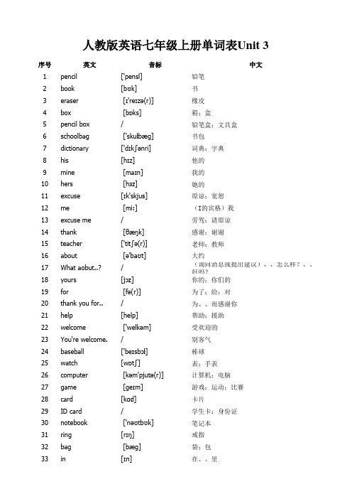 人教版英语七年级上册 单词表Unit 3